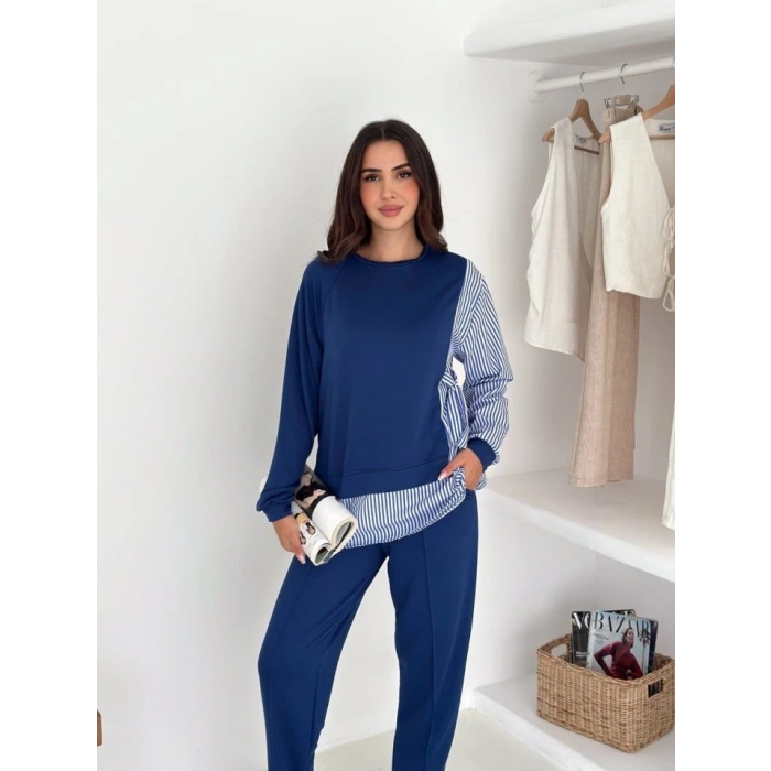 Kadın Gömlek Detay çizgili Yandan Bağlamalı Ikili Takım