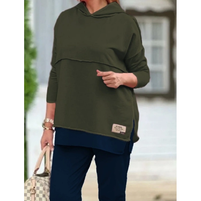 Kadın Haki Kapşonlu Etek Ucu Detay Arma Ters Dikiş Gorunumlu Ikili Takım