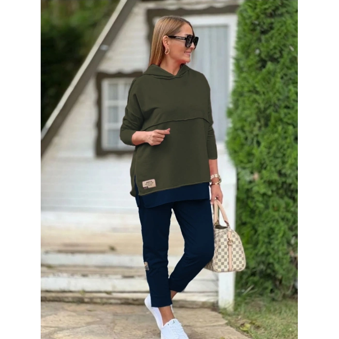 Kadın Haki Kapşonlu Etek Ucu Detay Arma Ters Dikiş Gorunumlu Ikili Takım