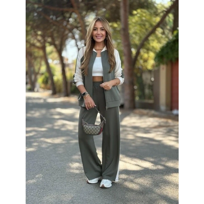 Kadın Hakim Yaka şerit Detay Hırka Ve Bol Paça Pantolon Ikili Takım