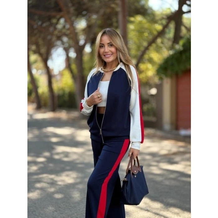 Kadın Hakim Yaka şerit Detay Hırka Ve Bol Paça Pantolon Ikili Takım