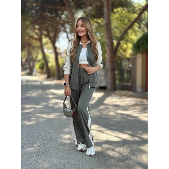 Kadın Hakim Yaka şerit Detay Hırka Ve Bol Paça Pantolon Ikili Takım