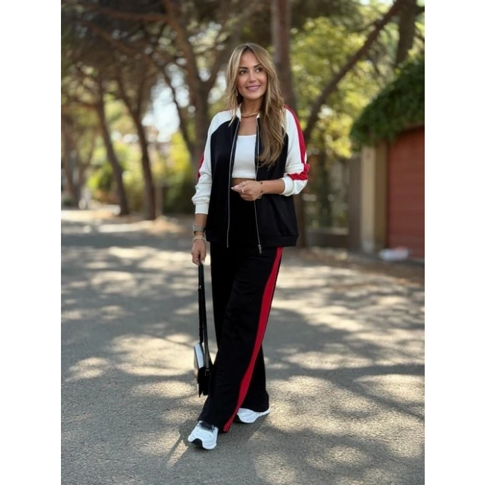 Kadın Hakim Yaka şerit Detay Hırka Ve Bol Paça Pantolon Ikili Takım