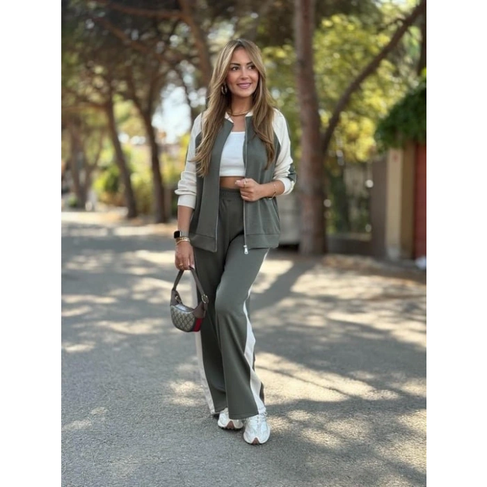 Kadın Hakim Yaka şerit Detay Hırka Ve Bol Paça Pantolon Ikili Takım