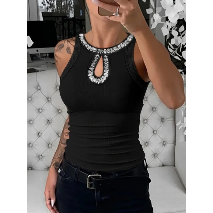 Kadın Halter Kollu Yuvarlak Taşlı Yaka Damla Detaylı Kaşkorse Bluz