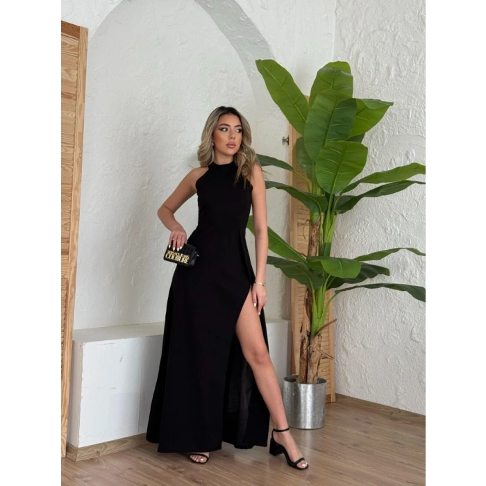 Kadın Halter Yaka Derin Yırtmaç Detaylı Tam Boy Ithal Krep Abiye Elbise