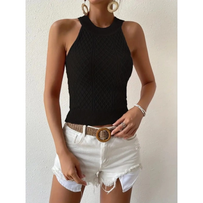 Kadın Halter Yaka Mini Baklava Desenli Triko Bluz