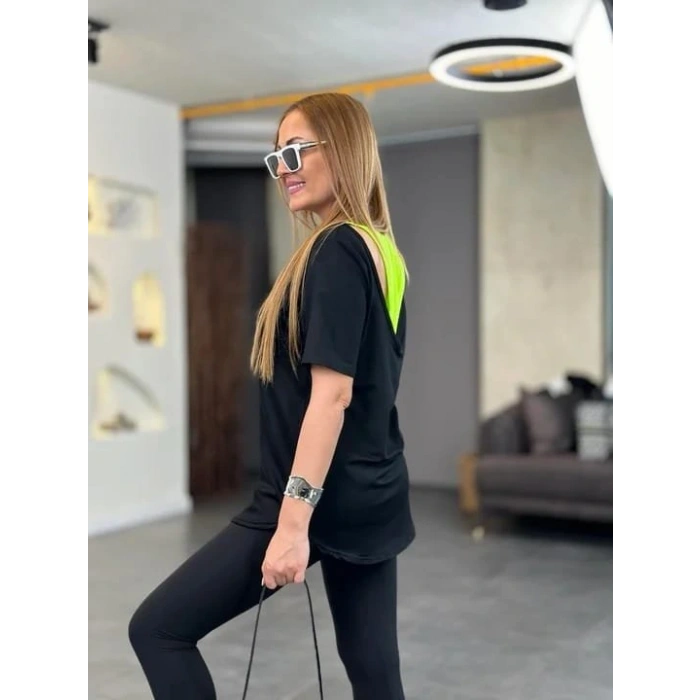 Kadın İki İplik Kumaş ırt Neon Detay Bluz