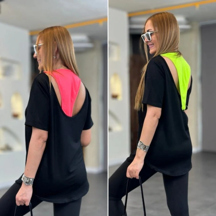 Kadın İki İplik Kumaş ırt Neon Detay Bluz