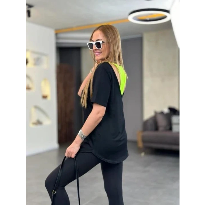 Kadın İki İplik Kumaş ırt Neon Detay Bluz