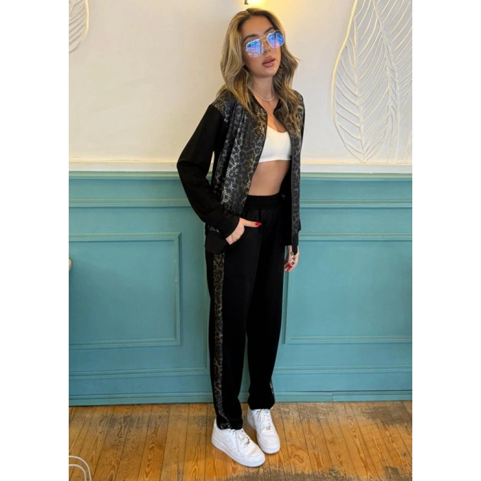 Kadın İki İplik Kumaş Yılan Desenli Fermuarlı İkili Takım