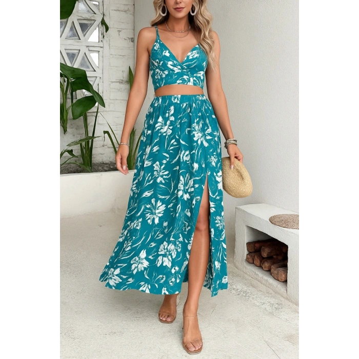 Kadın Ince Askılı çiçek Baskı Desenli Crop Yırtmaçlı Etek Ikili üprem Takım