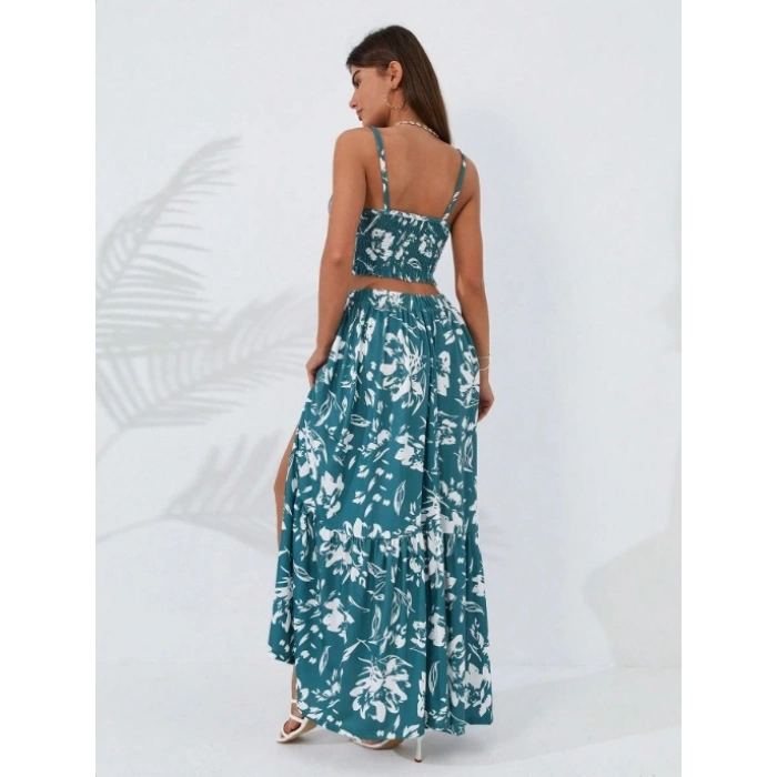 Kadın Ince Askılı çiçek Baskı Desenli Crop Yırtmaçlı Etek Ikili Süprem Takım