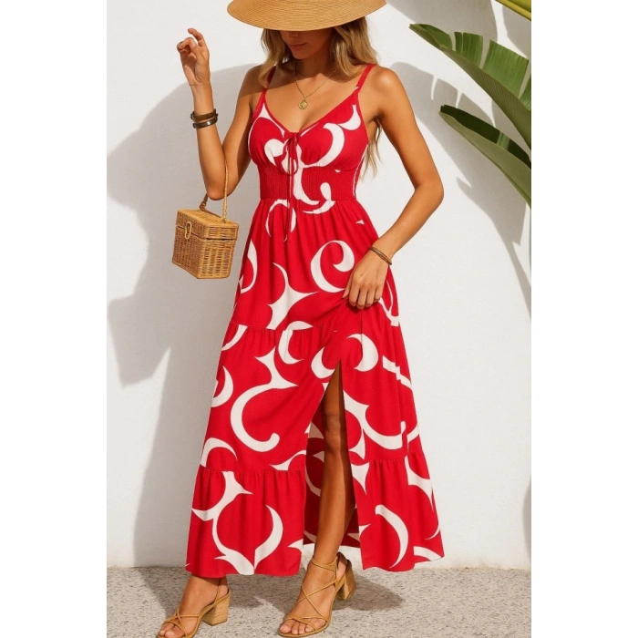 Kadın Ip Askılı Dekolteli Bağcıklı Yırtmaçlı Desenli Süprem Elbise