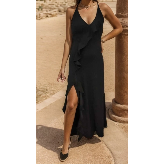 Kadın Ip Askılı Dekolteli Yırtmaç Detay Krep Elbise