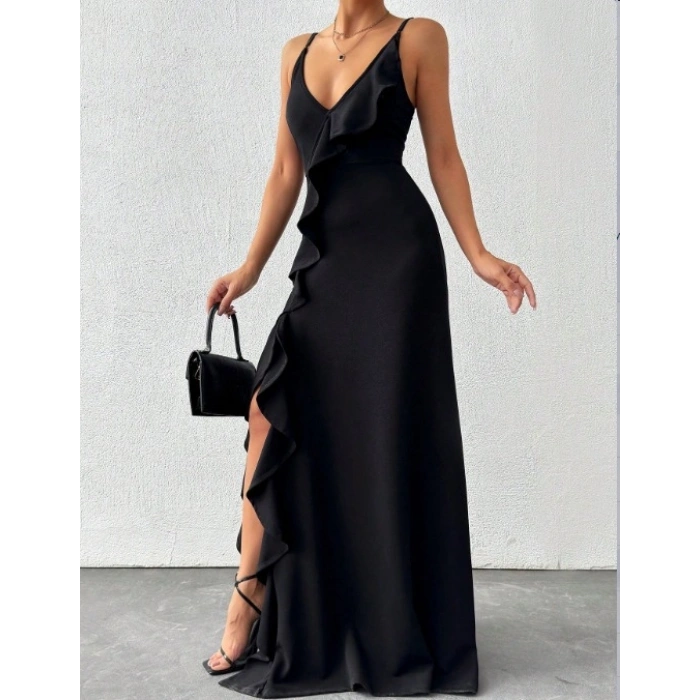 Kadın Ip Askılı Dekolteli Yırtmaç Detay Krep Elbise