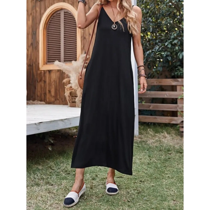 Kadın Ip Askılı Derin Geniş V Yakalı Uzun Viskon Elbise