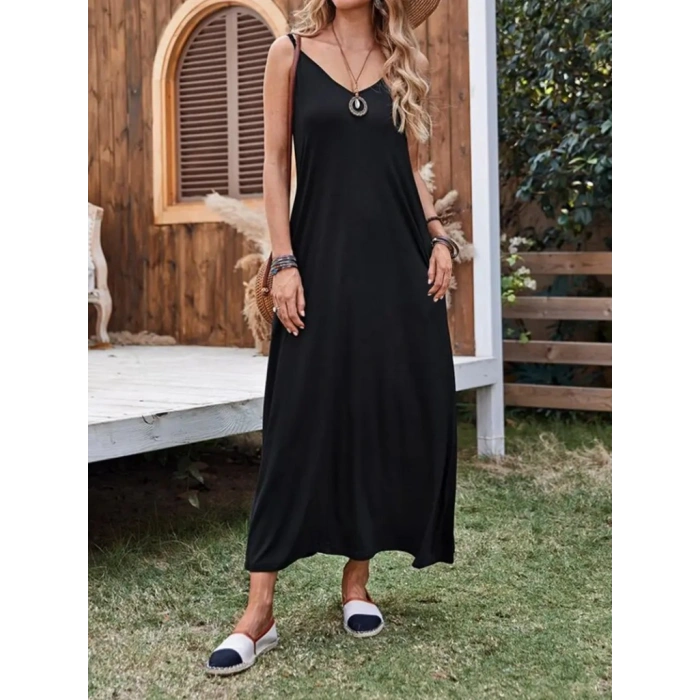 Kadın Ip Askılı Derin Geniş V Yakalı Uzun Viskon Elbise