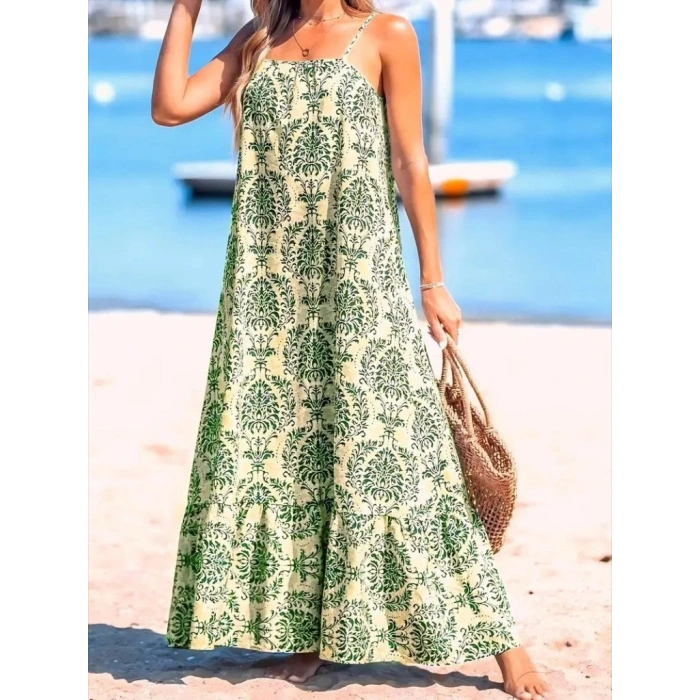 Kadın Ip Askılı Desenli Fırfırlı Süprem Elbise