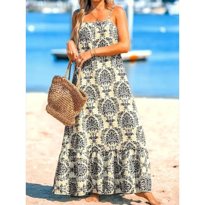 Kadın Ip Askılı Desenli Fırfırlı Süprem Elbise