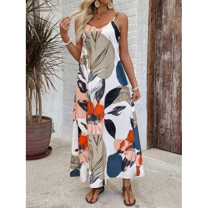 Kadın Ip Askılı Geniş V Yakalı Desenli Süprem Elbise