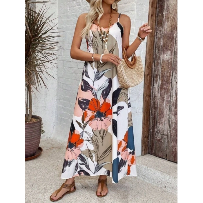 Kadın Ip Askılı Geniş V Yakalı Desenli Süprem Elbise