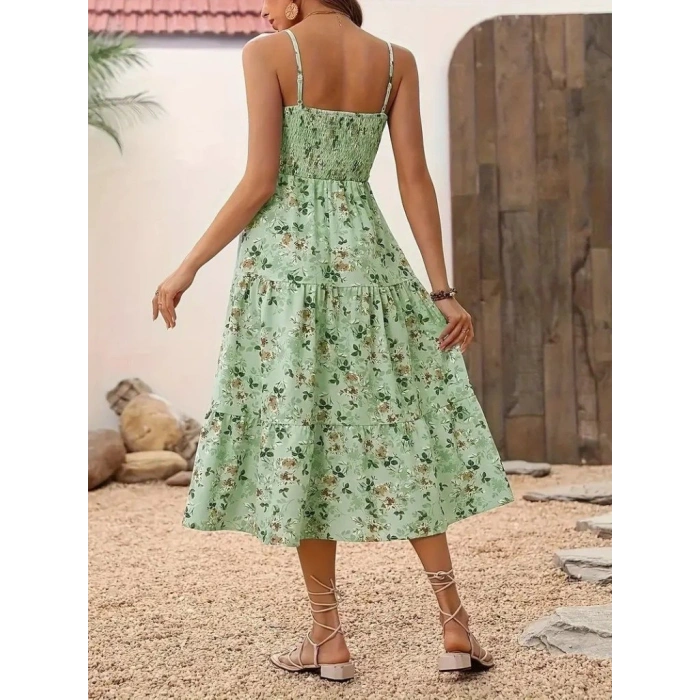 Kadın Ip Askılı Geniş V Yakalı Desenli Uzun Süprem Elbise