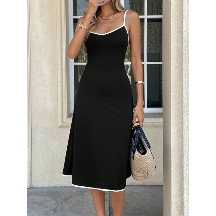 Kadın Ip Askılı Geniş V Yakalı Midi Janjan Krep Elbise