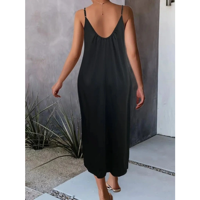 Kadın Ip Askılı Geniş V Yakalı Viskon Elbise