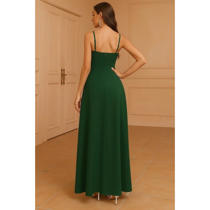 Kadın Ip Askılı Kruvaze Yakalı Derin Dekolteli Yırtmaçlı Ithal Krep Elbise