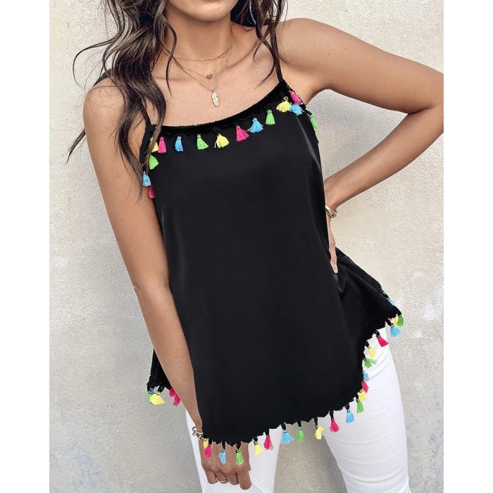 Kadın Ip Askılı Püskül Detaylı Sandy Bluz