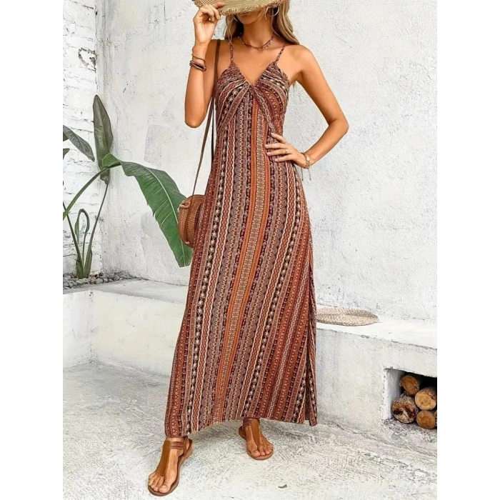 Kadın Ip Askılı Sırttan çapraz Detaylı Yırtmaçlı Desenli Süprem Elbise