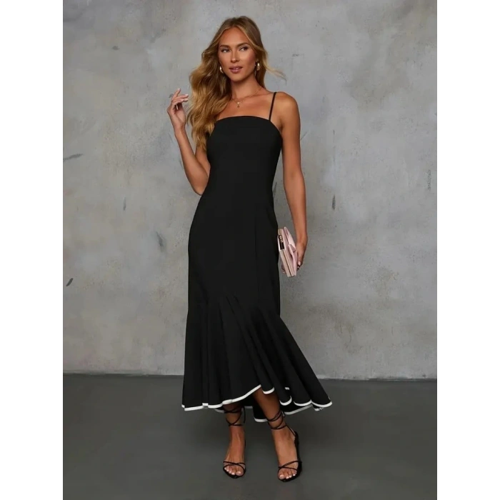 Kadın Ip Askılı Straplez Kesim Detay Maksi Boy Janjan Krep Elbise