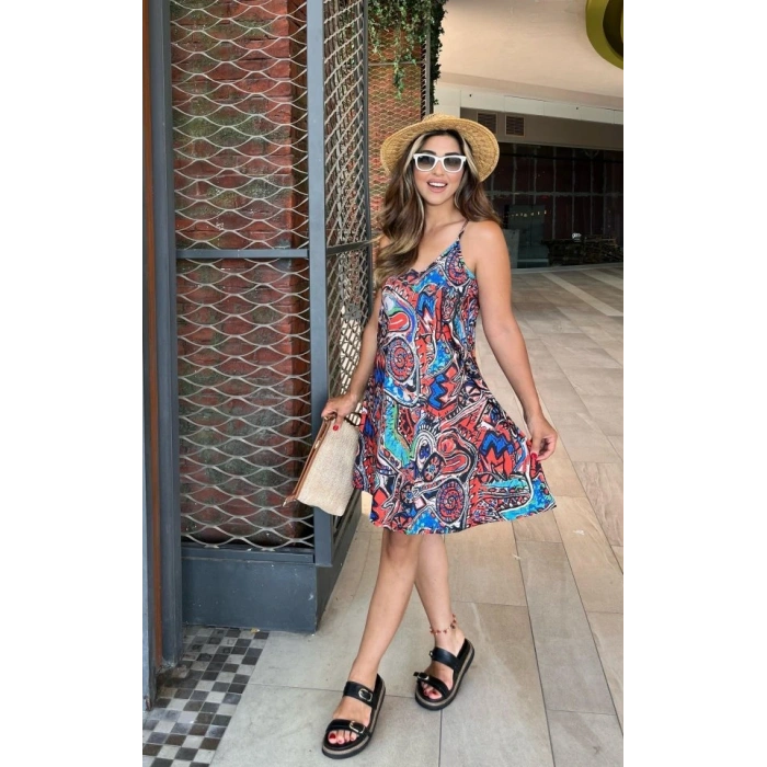 Kadın Ip Askılı V Yakalı Desenli Kısa Süprem Elbise