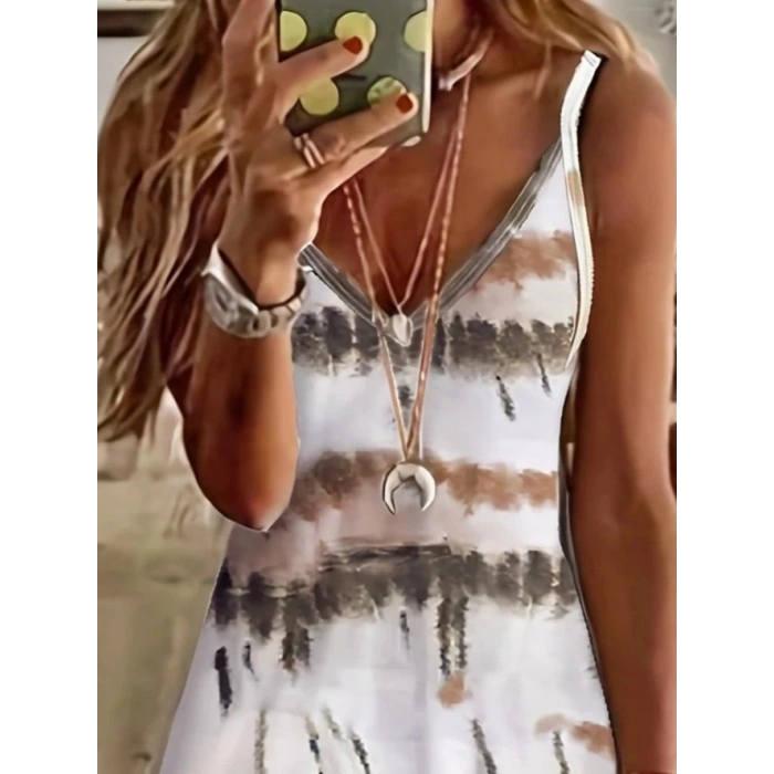 Kadın Ip Askılı V Yakalı Karışık Renkli Süprem Elbise