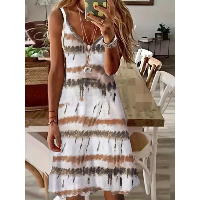 Kadın Ip Askılı V Yakalı Karışık Renkli Süprem Elbise
