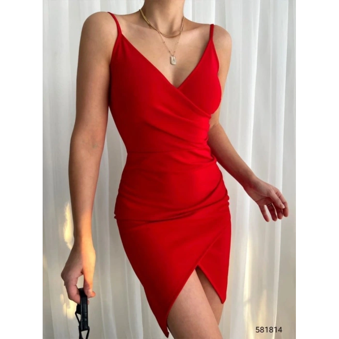 Kadın İp Askılı Yırtmaçlı Büzgülü Elbise