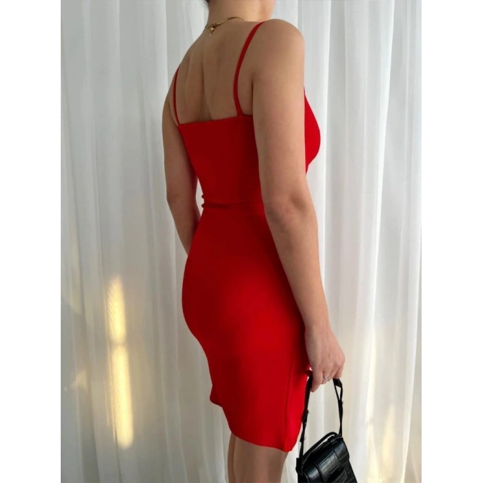 Kadın İp Askılı Yırtmaçlı Büzgülü Elbise