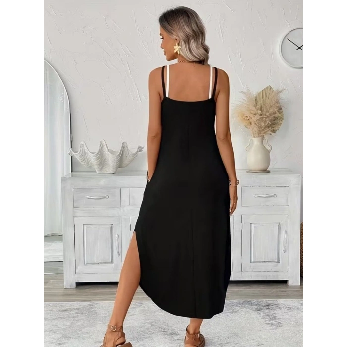 Kadın Ip Askılı Yuvarlak Yakalı Cepli Uzun Viskon Elbise