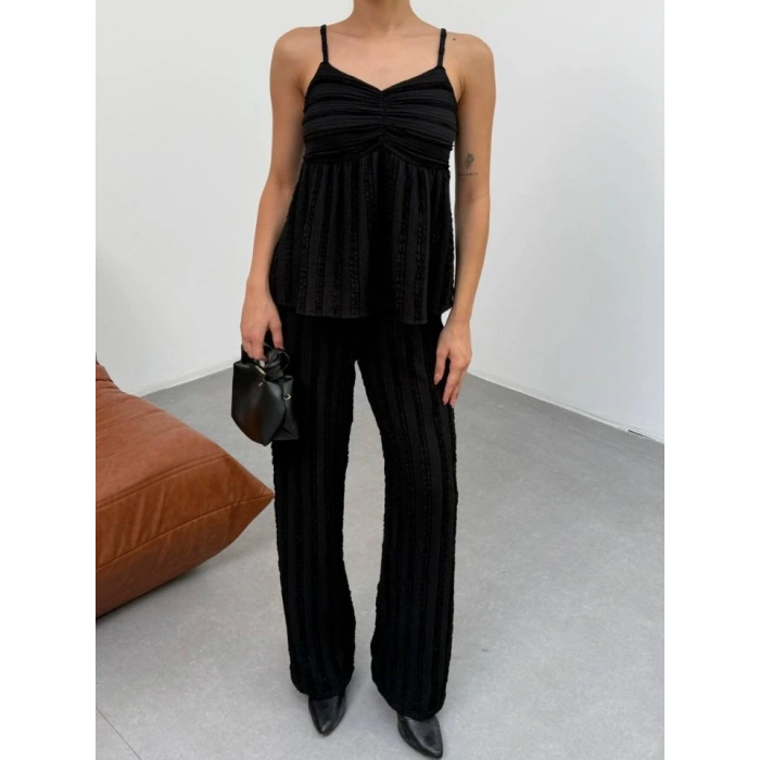 Kadın iyah Dokulu Askılı Üst Ve Bol Paça Pantolon 2’li Takım