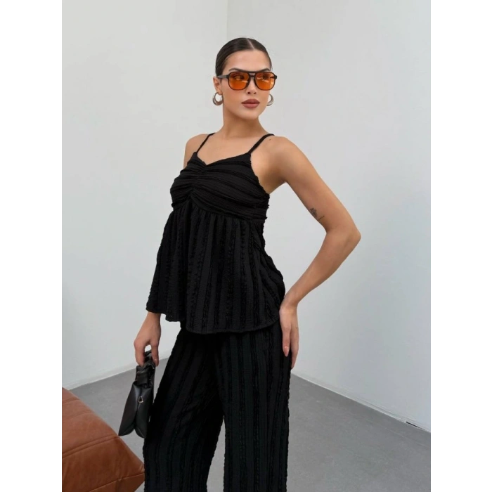 Kadın iyah Dokulu Askılı Üst Ve Bol Paça Pantolon 2’li Takım