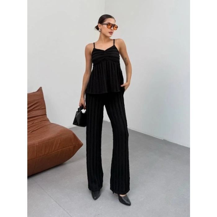 Kadın iyah Dokulu Askılı Üst Ve Bol Paça Pantolon 2’li Takım