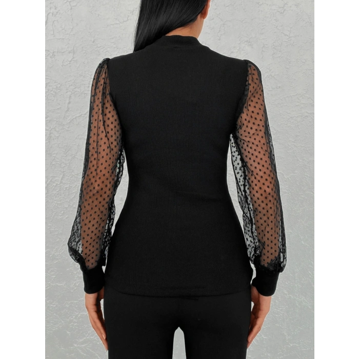 Kadın iyah Kolu Tül Detaylı Yarım Balıkçı Kaşkorse Bluz