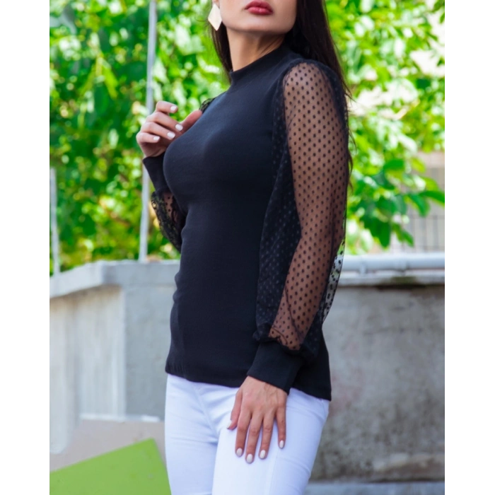 Kadın iyah Kolu Tül Detaylı Yarım Balıkçı Kaşkorse Bluz