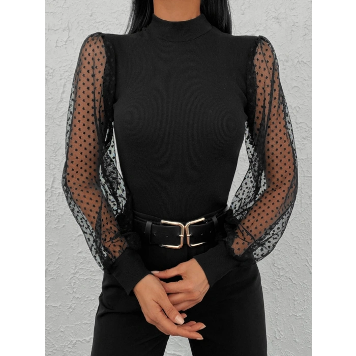 Kadın iyah Kolu Tül Detaylı Yarım Balıkçı Kaşkorse Bluz