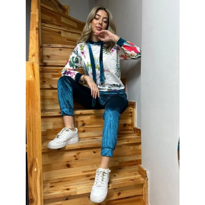 Kadın Kadife Kumaş Uzun Kollu Kapüşon Detay çiçek Baskılı Sweat Ve Pantolon Ikili Takım