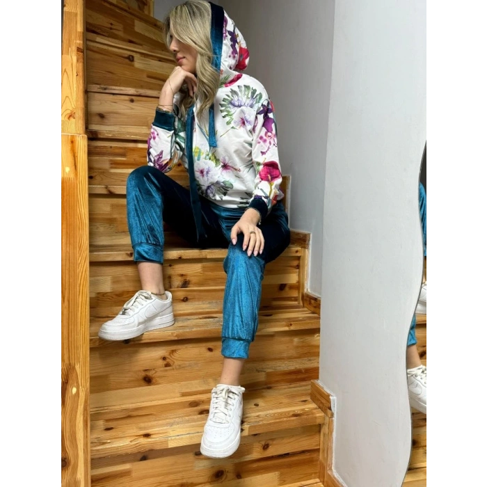 Kadın Kadife Kumaş Uzun Kollu Kapüşon Detay çiçek Baskılı Sweat Ve Pantolon Ikili Takım
