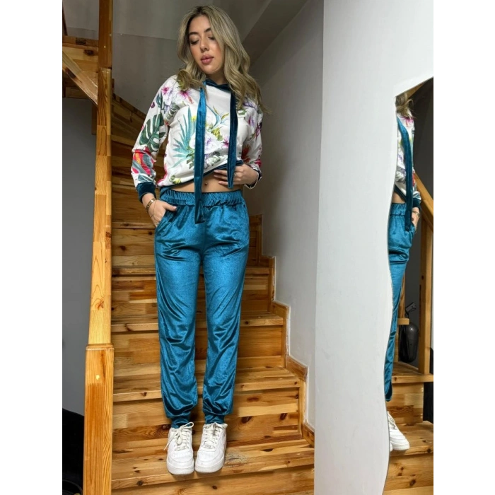 Kadın Kadife Kumaş Uzun Kollu Kapüşon Detay çiçek Baskılı Sweat Ve Pantolon Ikili Takım