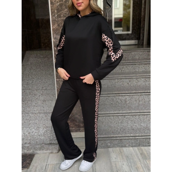 Kadın Kapüşonlu Leopar Detay weat Ve Yüksek Bel Yanları Leopar şeritli Bol Paça Pantolon Ikili Takım