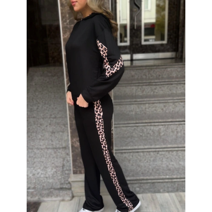 Kadın Kapüşonlu Leopar Detay weat Ve Yüksek Bel Yanları Leopar şeritli Bol Paça Pantolon Ikili Takım